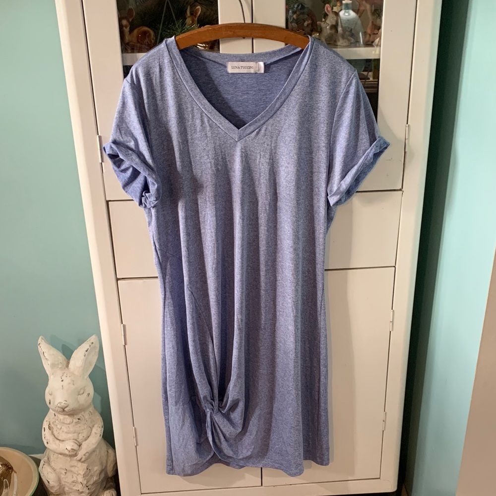 Luna Tuccini sz 10 Blue V-Neck Women's Dress Knotted Hem euc